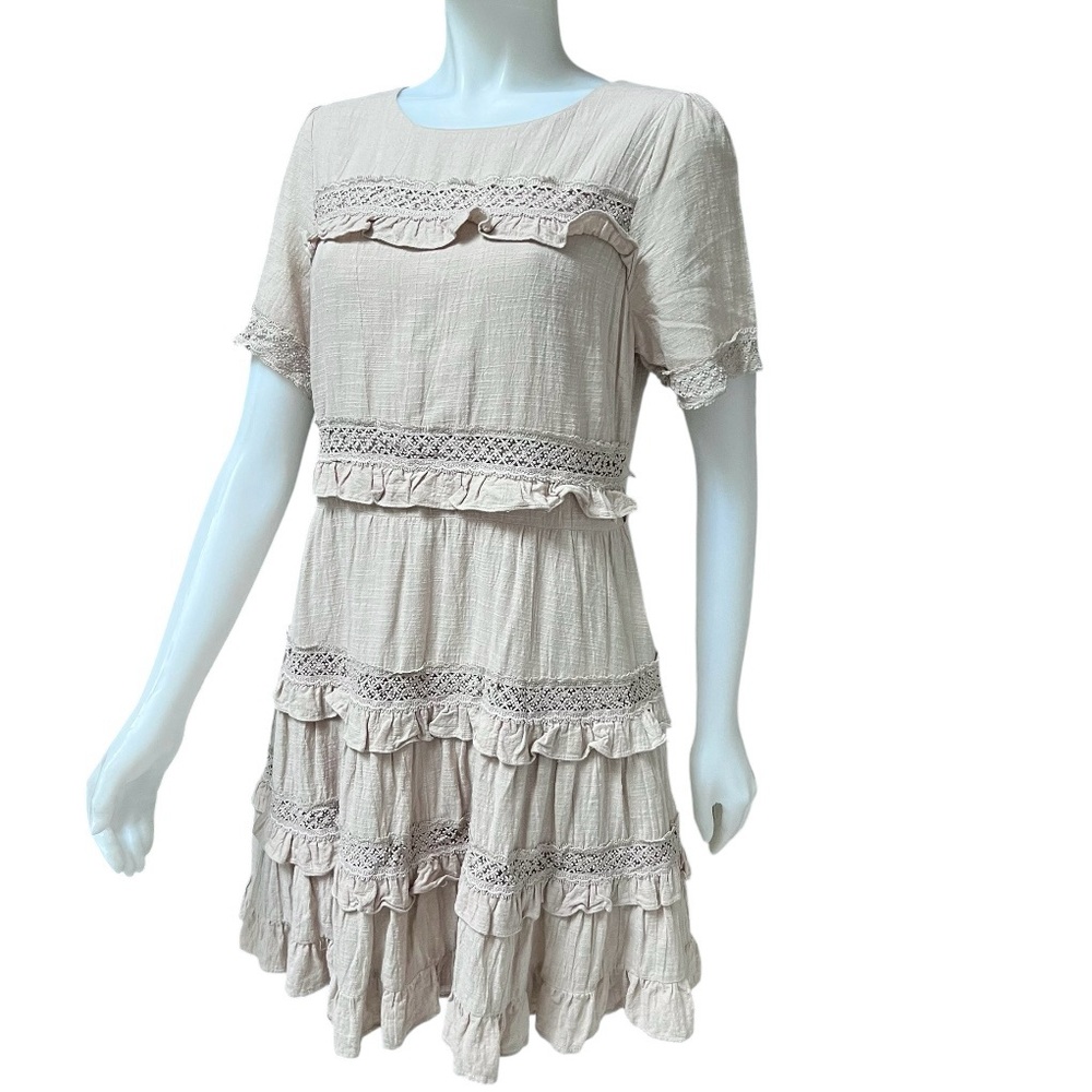 Tiered Tan Dress Embroidered Flutter Sleeves Cotton Gauze Cottage Core Milk Made
